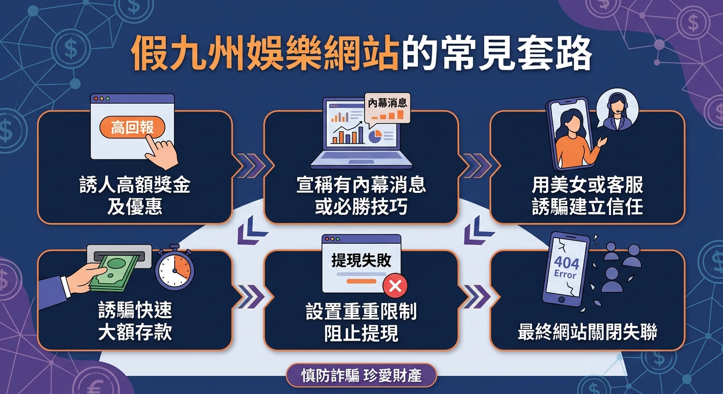 這張圖表詳細解析了假冒九州娛樂網站常見的六大詐騙套路,包含高額優惠誘惑、宣稱內幕消息與提現阻礙等手段。 透過清晰的流程圖示與重點文字說明,幫助使用者提高警覺,切勿輕信高回報誘餌以防財產損失。